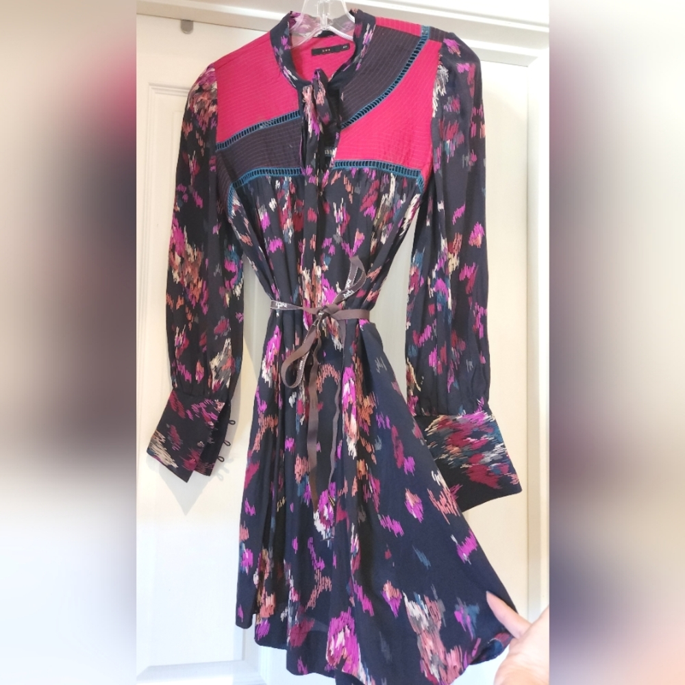 LUX Frock UO Tie Neck Bright Ikat Print L/S SILK w Cotton Artsy Free Belt Dress